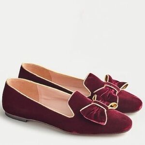 J. Crew Sumner Bow Burgundy & Gold Crushed Velvet Bow Detail Flats